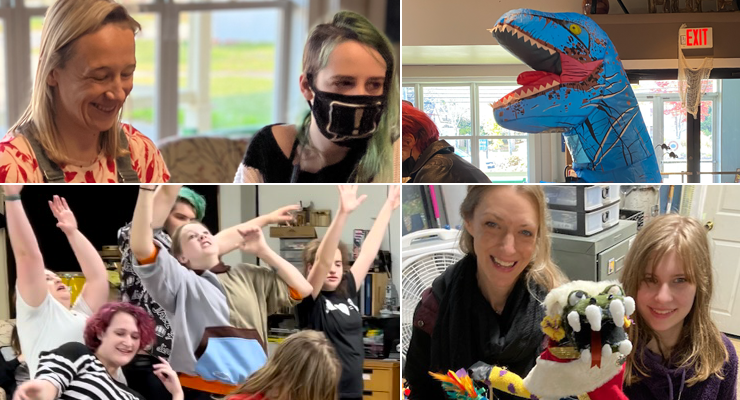 Four images are combined to showcase teachers, students, and dinosaurs at a typical day at The New School. Clockwise from the upper left, a teacher and student laugh, a student in a dinosaur costume, a teacher and student show off a hand puppet, and several students dance in theater class.
