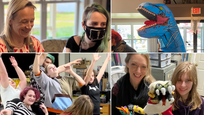 Four images are combined to showcase teachers, students, and dinosaurs at a typical day at The New School. Clockwise from the upper left, a teacher and student laugh, a student in a dinosaur costume, a teacher and student show off a hand puppet, and several students dance in theater class.