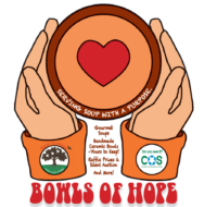 Bowls of Hope logo graphic depicting two hands holding a bowl of soup. This image features copy that is repeated on this page.