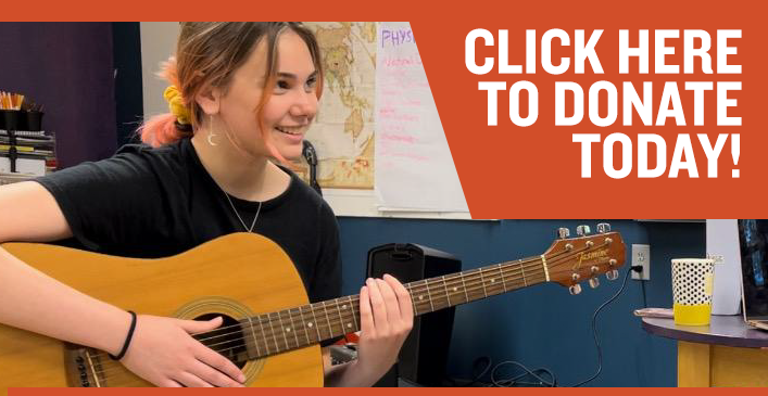 A student smiles and plays the guitar. The text in the corner reads "Click Here To Donate Today!"