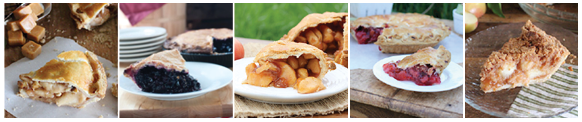 Five slices of pie: Apple Caramel Walnut, Orchard Blueberry, Hi-Top Apple, Strawberry Rhubarb, and Apple Crumb