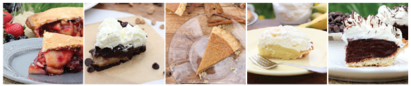 Five slices of pie: Bumbleberry, Chocolate Peanut Butter, Pumpkin, Banana Cream, Chocolate Cream