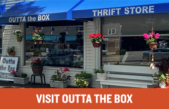 "Visit Outta The Box" appears in front of an image of the thrift store's storefront.