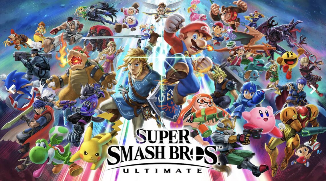 A plethora of playable characters around the Super Smash Bros Ultimate logo.